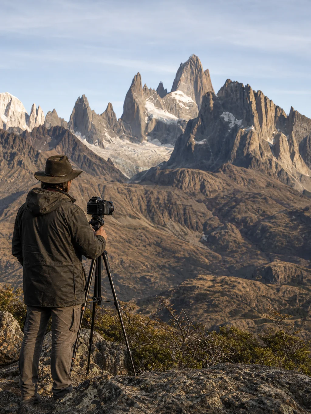 Photographer setting up tripod in the rugged mountains of Patagonia