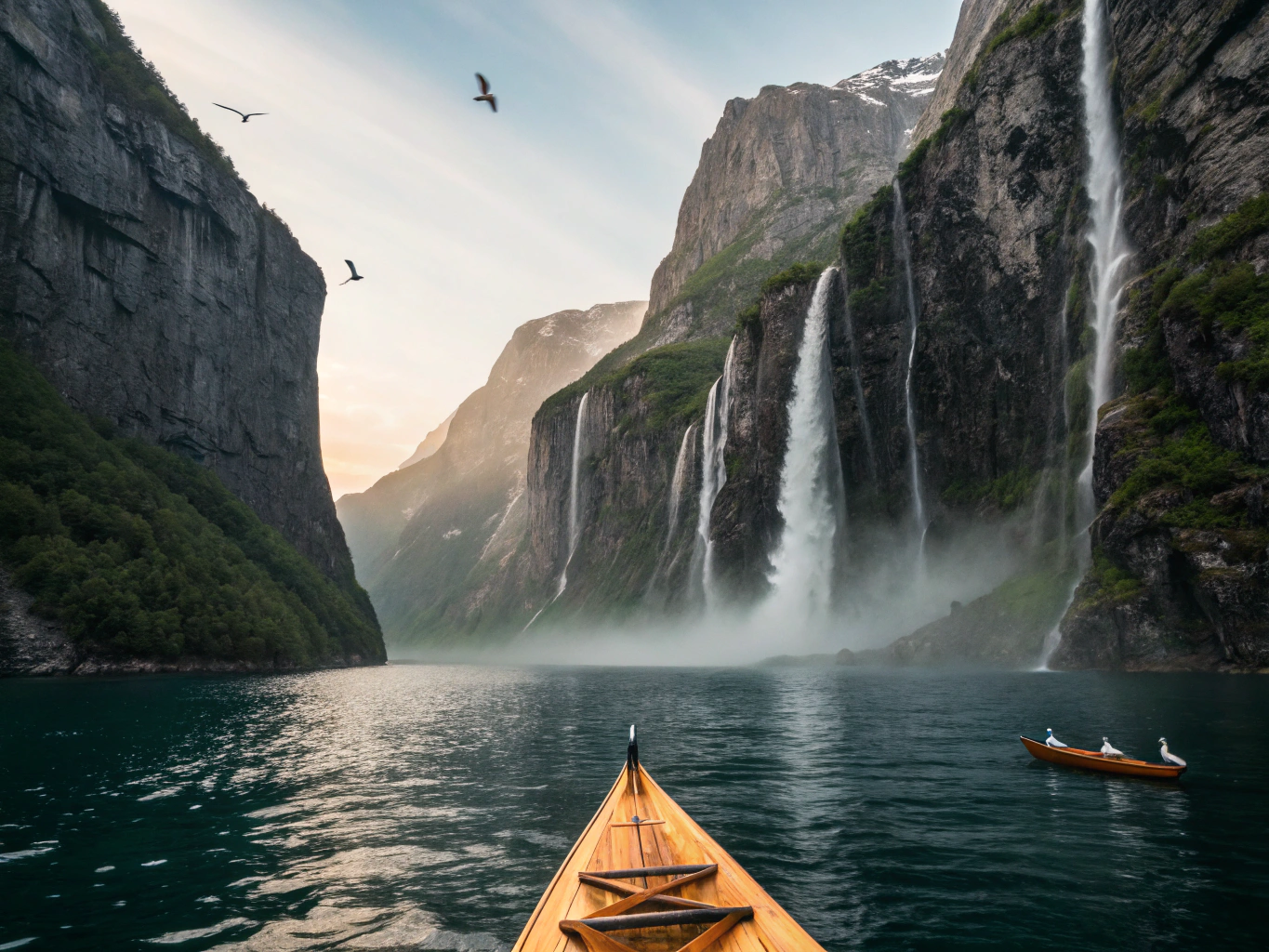Steep fjord cliffs enveloped in mist over alpine waters