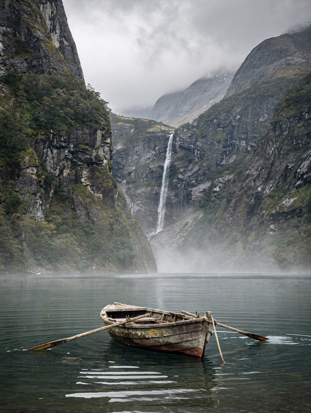 Lush fjord cliffside with roaring cascades dropping into dark glacial waters